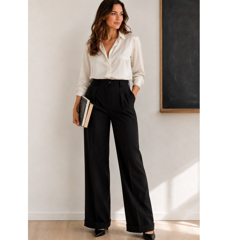 Escada Womens Black Wool Pleated Trousers EU 40 US 8/10 Cuffed Quiet Luxury VTG